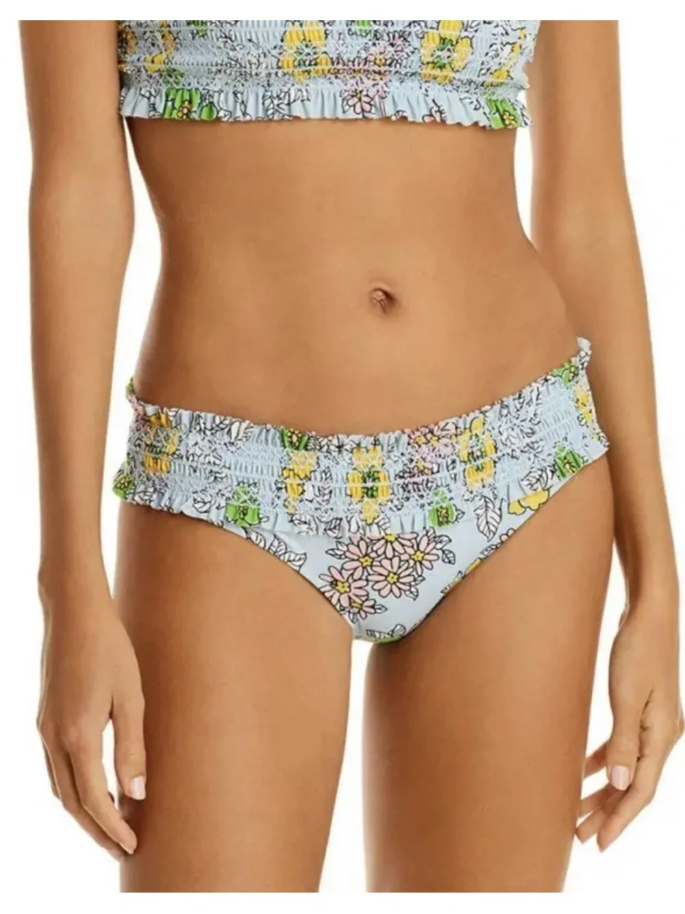 Tory Burch Light Blue Costa Floral Smocked Hipster Bikini Bottom